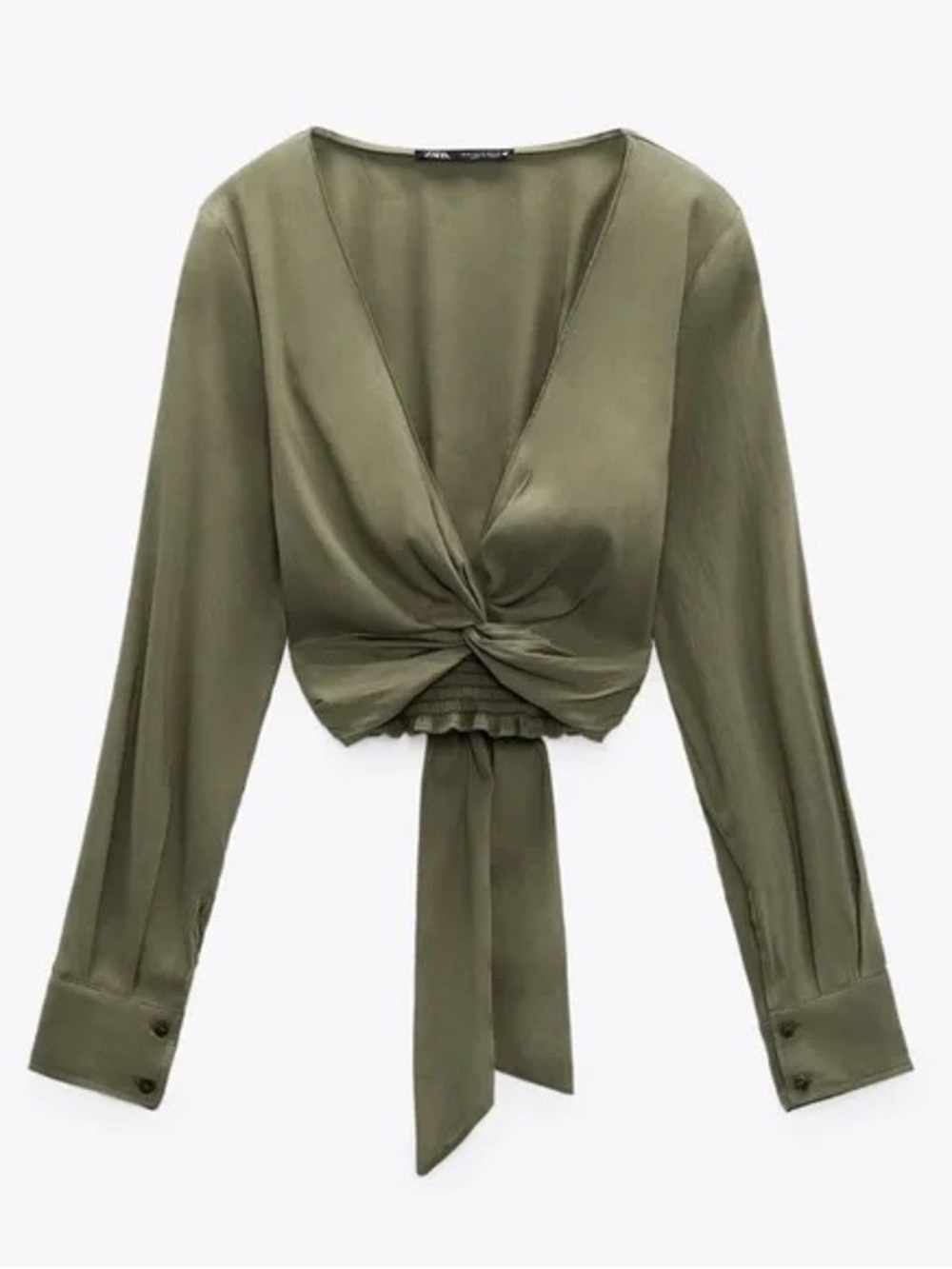 Zara Olive Green Twist-Front Satin Crop Blouse